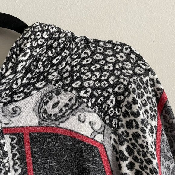 Weekends by Chicos Women Sz 2 L Black/Gray/Red Drawstring Cowl Neck L/Sleeve Top - Picture 6 of 10